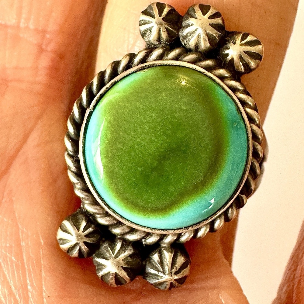 Navajo Sonoran Gold Turquoise Ring Sz 7 Sterling Native American Handmade